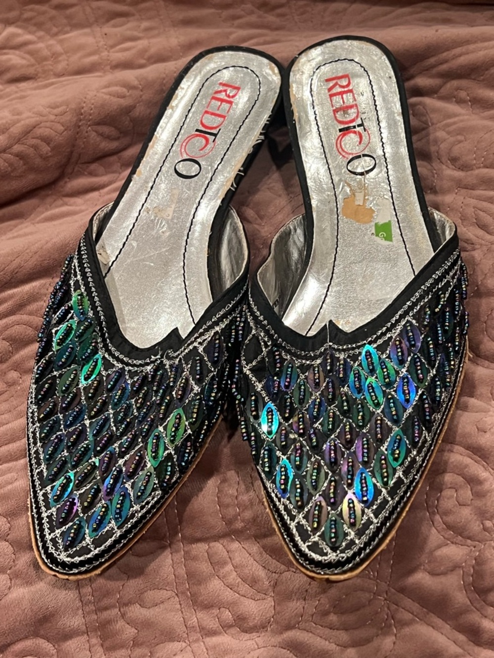Red Embellished Black Slip-On Mules with Iridescent Beading